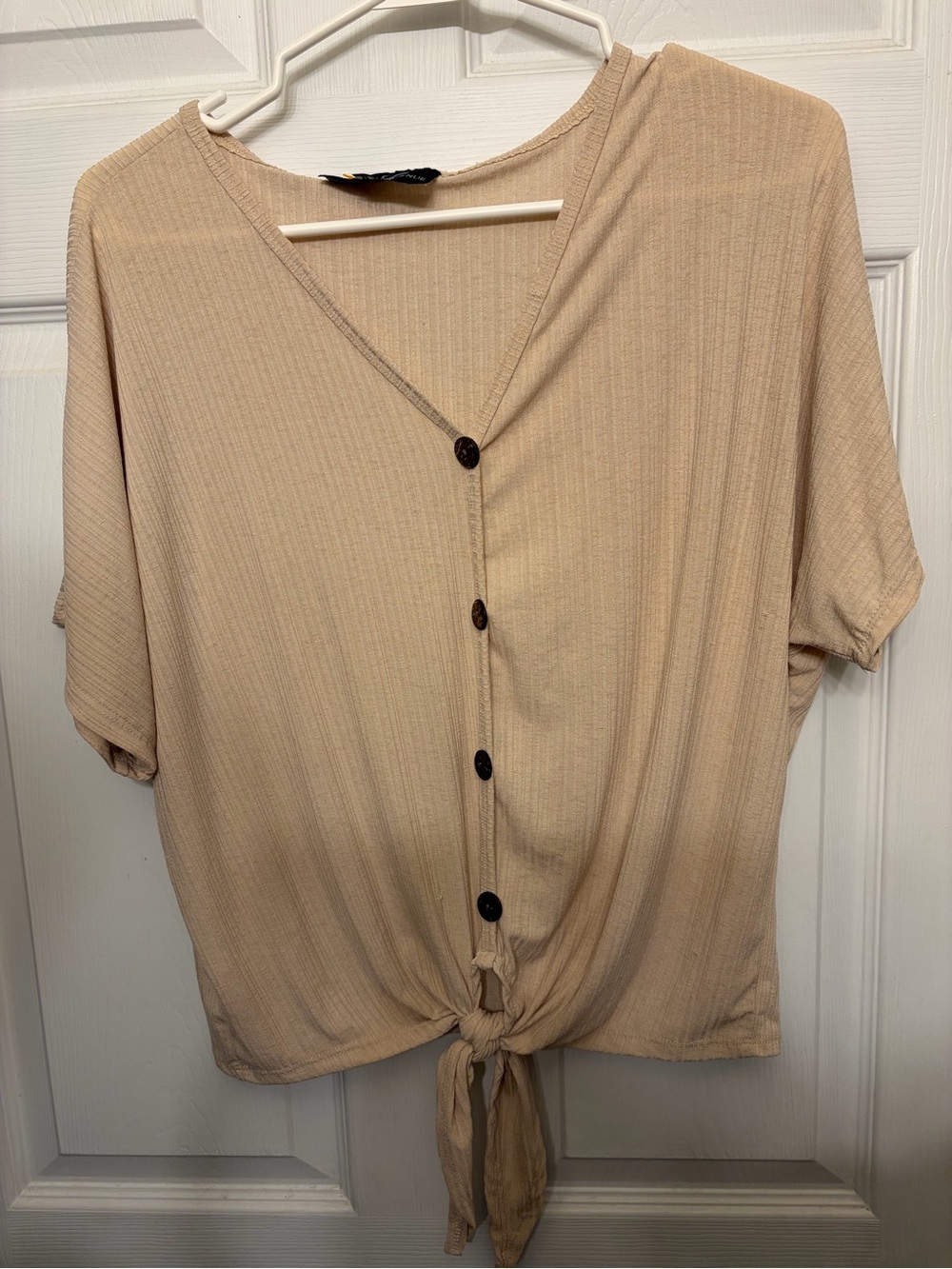 Neutral Tie-Front Button Crop Top - Women